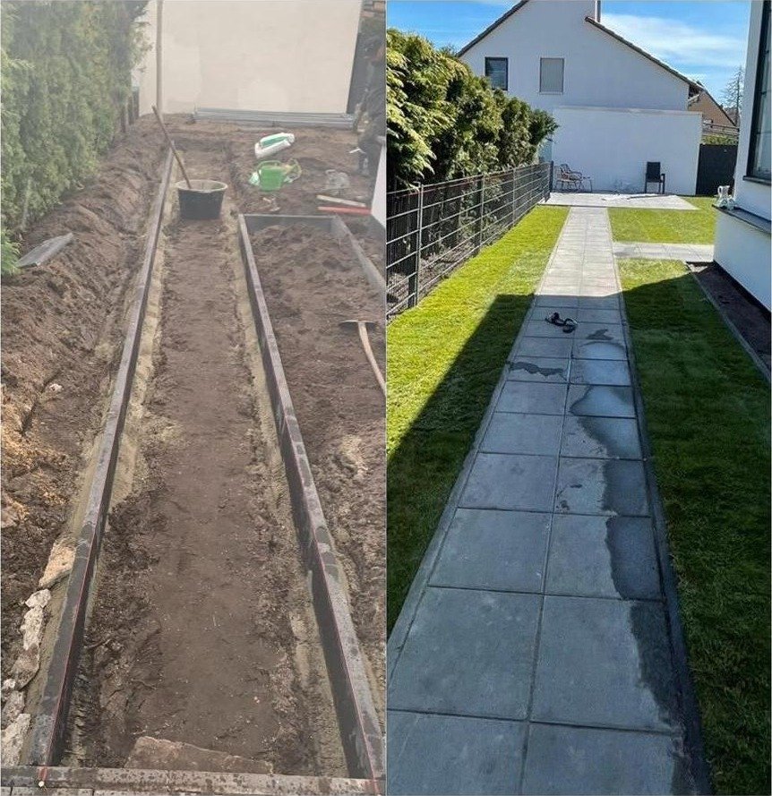 Gartenweg mit seitlicher Entwässerungsrinne – eigenes Projekt von LEO Außenanlagen